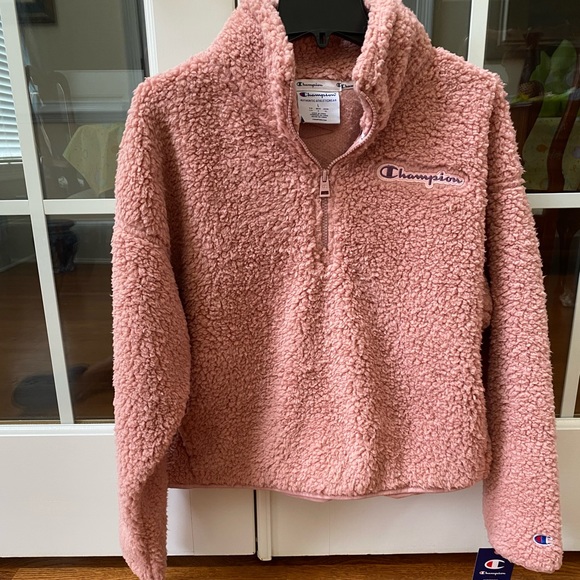 Champion Women's Cozy High Pile Quarter Zip Embroidered Logo Pink Beige - Picture 3 of 6